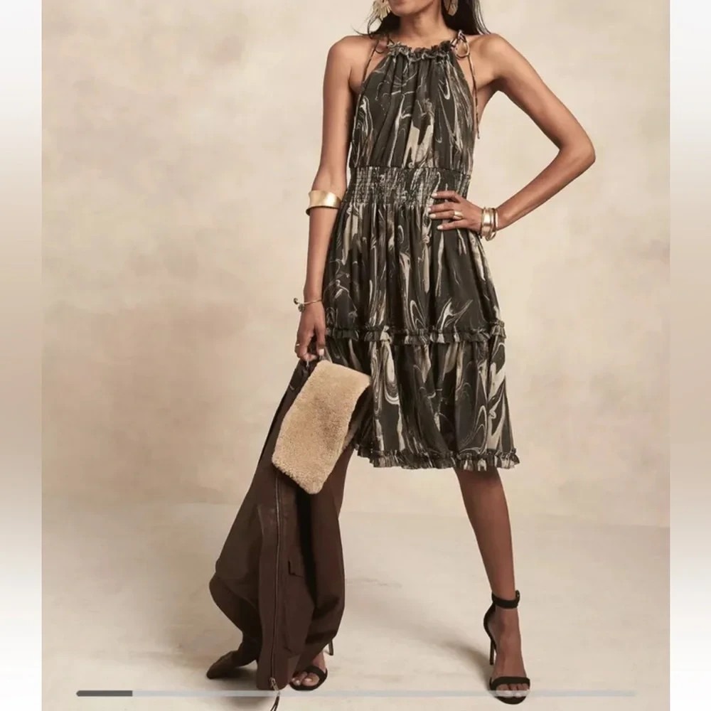 NWT Banana Republic Halter Mini Dress Marble Print in Green & Tan Size PXS